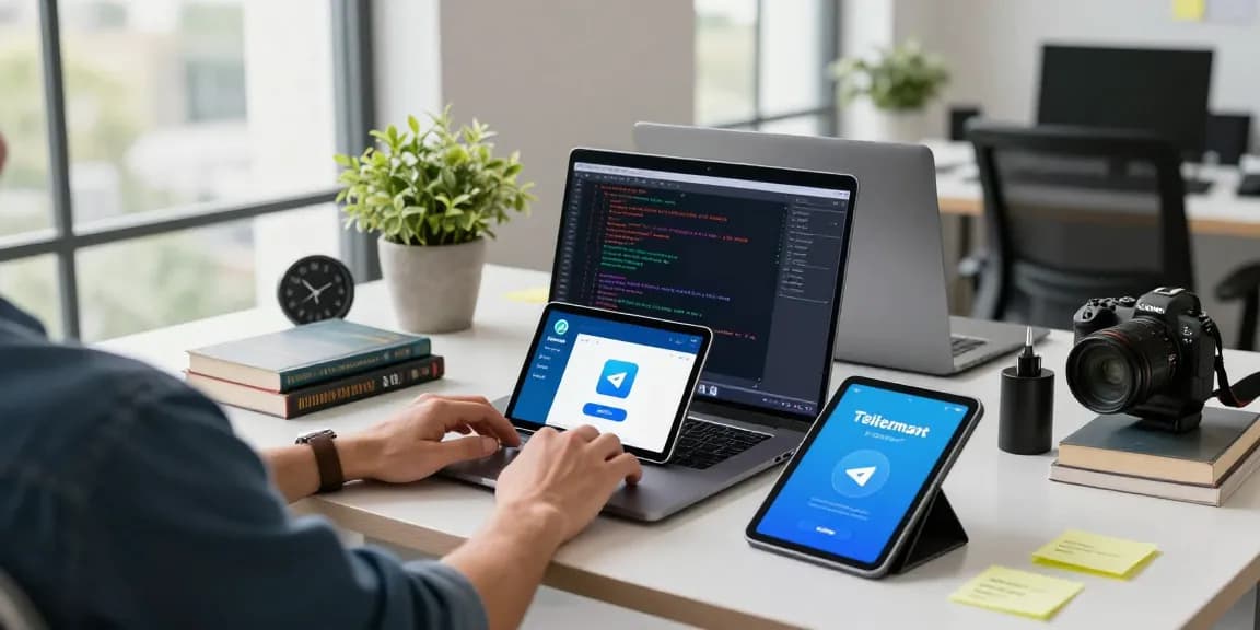 Downloading Telegram下载 on a sleek laptop in a modern tech workspace.