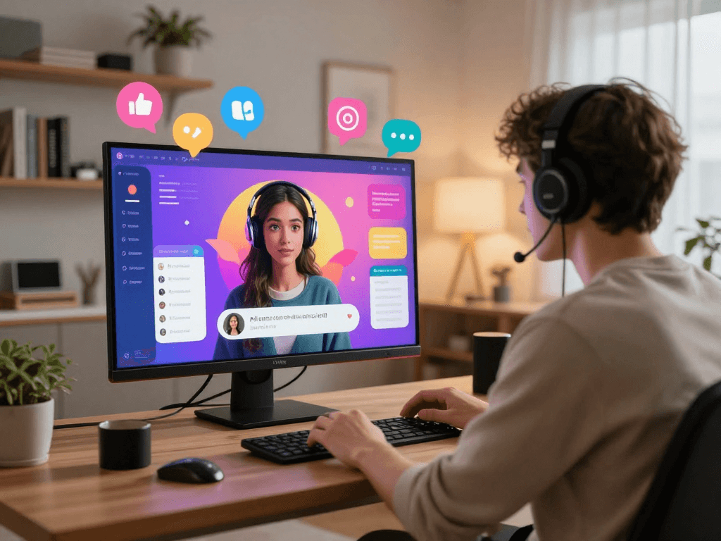 Interactive virtual chat experience with ai porn chat avatars in a cozy home office setting.