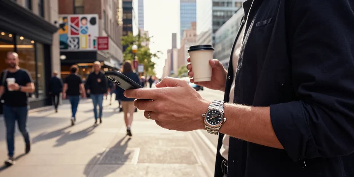Stylish individual wearing rolex super clone watches while exploring urban cityscape