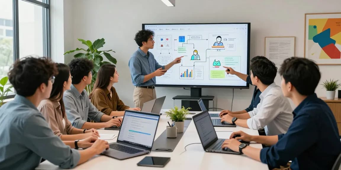 Collaborative tech team discussing AI agents in a modern workspace setting.