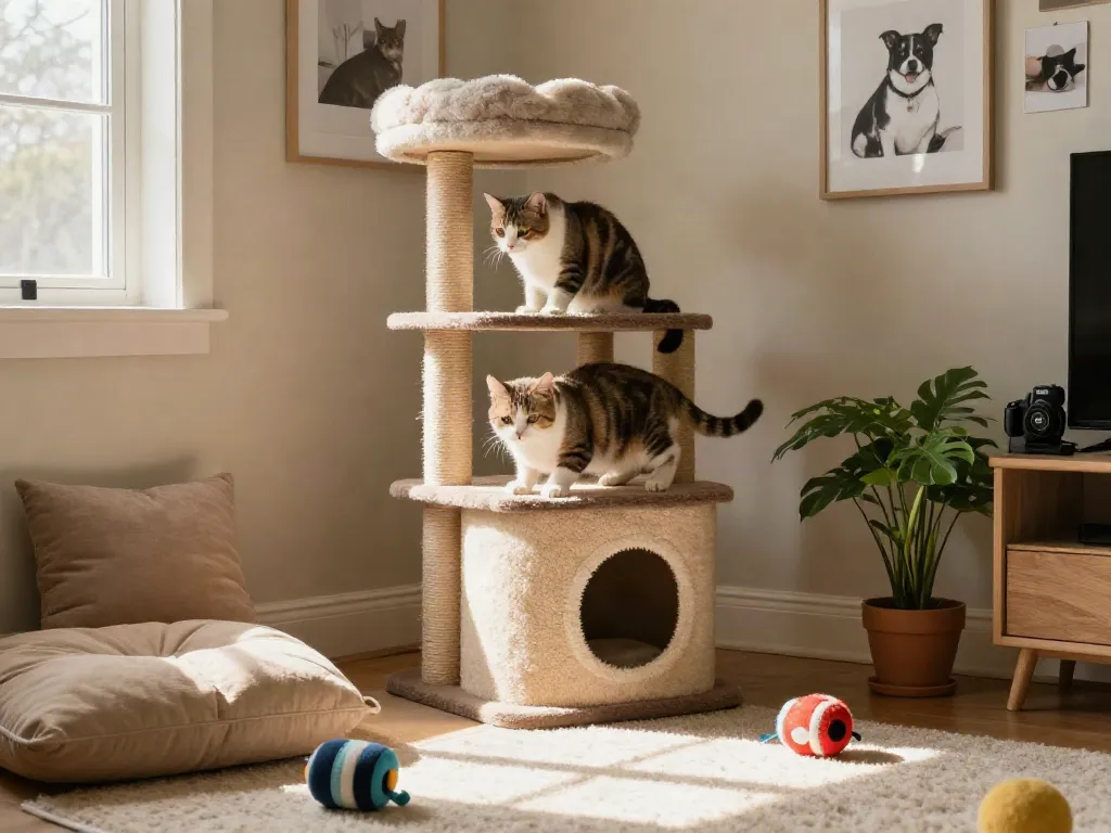 Cat trees with playful cat in a bright living room setting, showcasing cozy hideaways and scratching posts.
