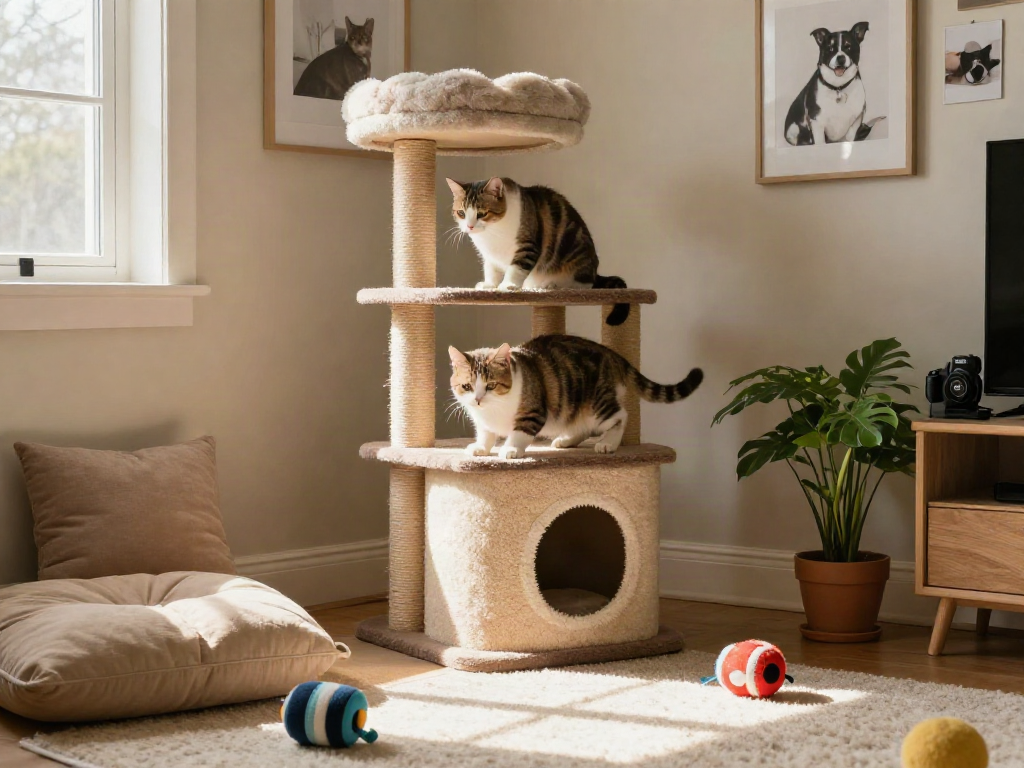 Cat trees with playful cat in a bright living room setting, showcasing cozy hideaways and scratching posts.
