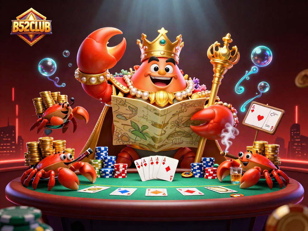 B52CLUB engages players with a vibrant poker scene featuring a golden crab emperor and dynamic gameplay elements.