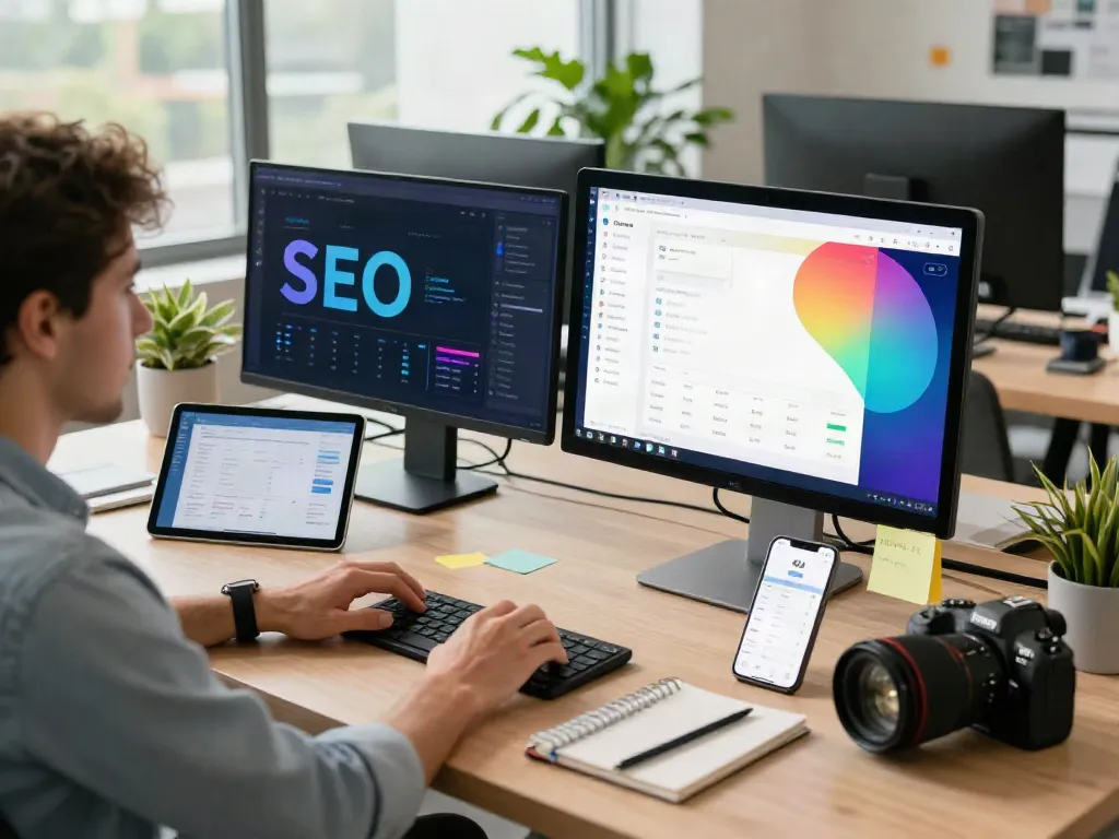 Professional digital marketing workspace focusing on instant indexing strategies and analytics.
