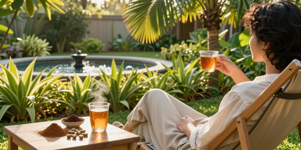 Enjoying premium Sumatra Kratom tea in a tranquil garden.