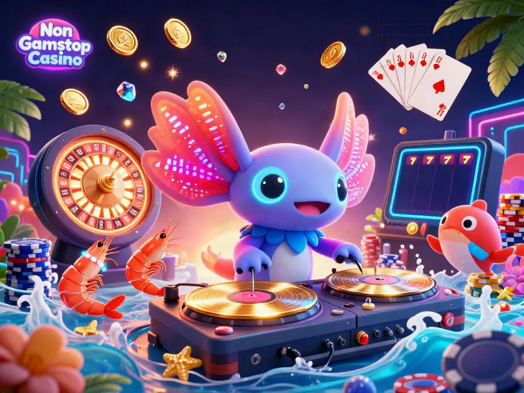 Engaging scene showcasing Non Gamstop Casino with vibrant 3D DJ axolotl and dynamic gambling elements