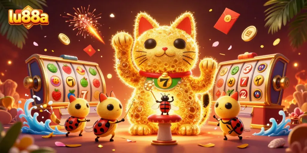 Experience thrilling slots with lu88a's lucky cat and golden fireflies at the casino.