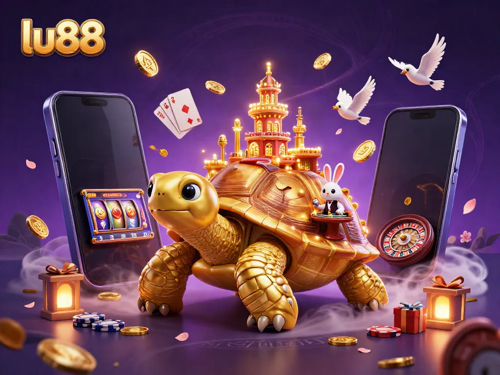 Play the exciting games at lu88 with a vibrant casino scene featuring a golden tortoise and a rabbit dealer.