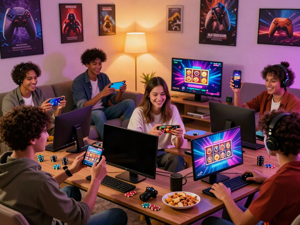 Friends enjoying DEBET online gaming on mobile and desktop devices in a cozy living room.