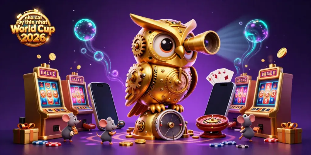 Experience thrilling gaming with the golden owl symbolizing nha cai uy tin nhat World Cup 2026 amidst vibrant casino elements.