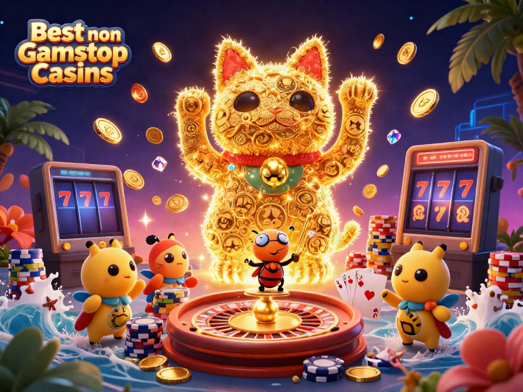 Engage in the excitement at Best non Gamstop Casinos illustrated by a dynamic lucky cat and casino elements.