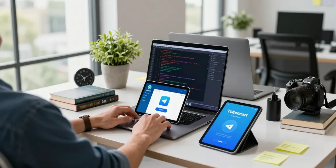 Downloading Telegram下载 on a sleek laptop in a modern tech workspace.