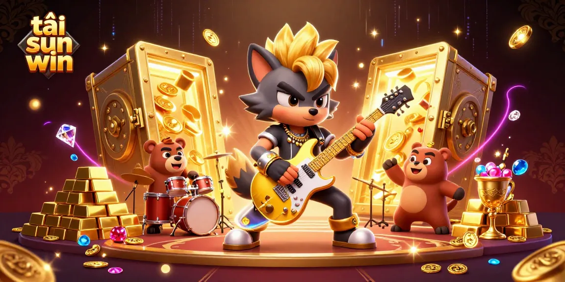 Engage in excitement with tải sun win at a dynamic casino scene featuring musical characters and dazzling treasures.