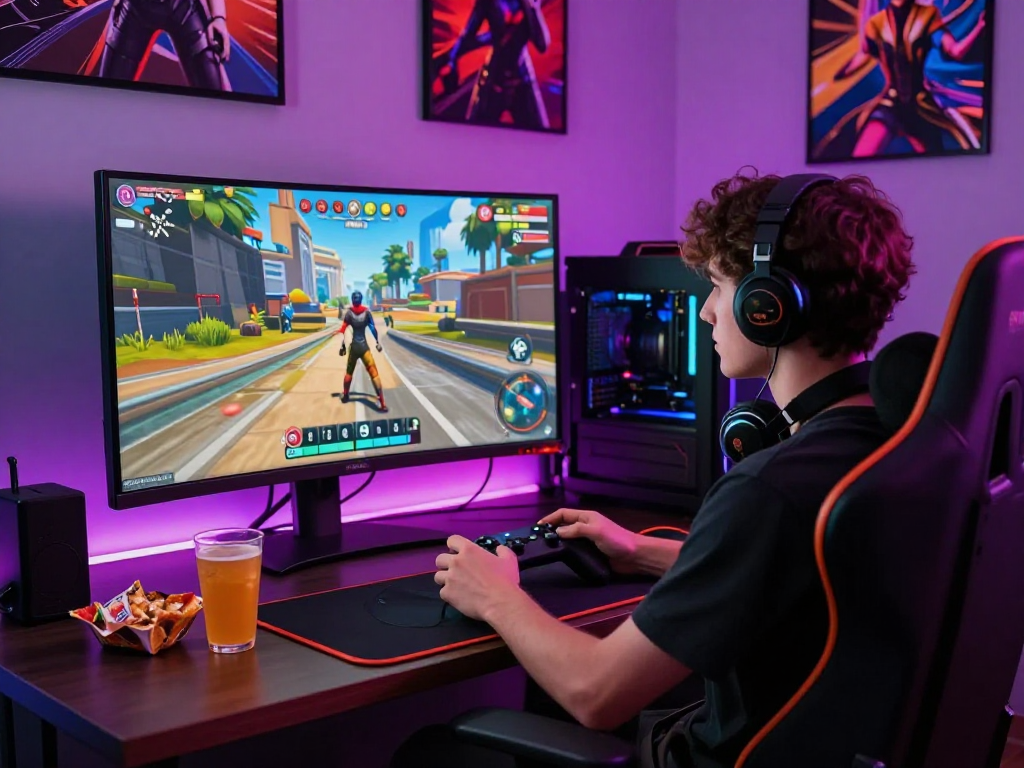 Immersive gaming setup showcasing a vibrant 3d porn game with animated characters on a curved monitor.