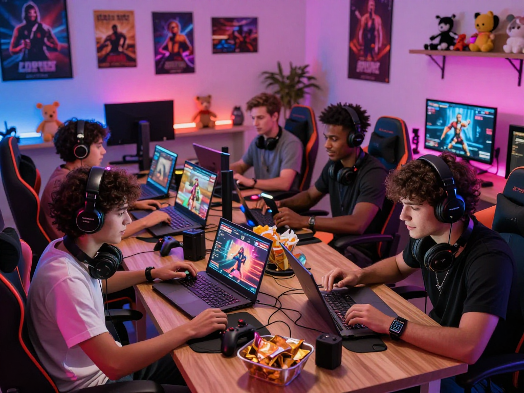 Interactive gaming atmosphere showcasing players enjoying porngame on multiple devices in a vibrant setting.