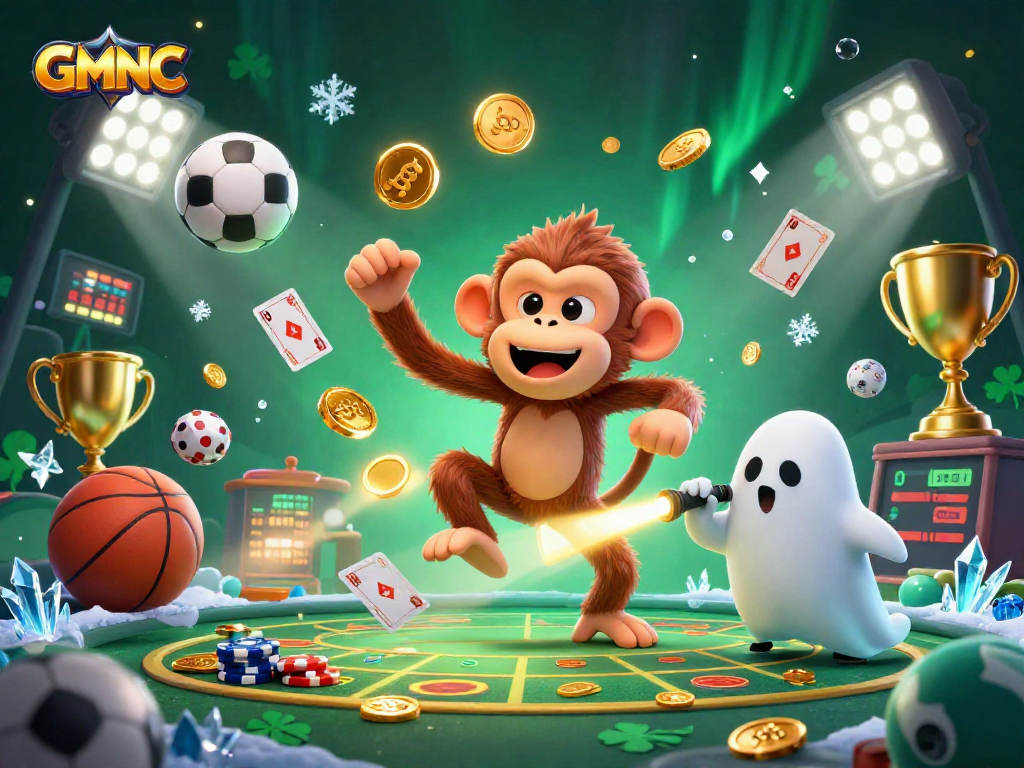 Engage with GMNC's lively haunted casino scene featuring a playful poltergeist monkey juggling golden tokens.