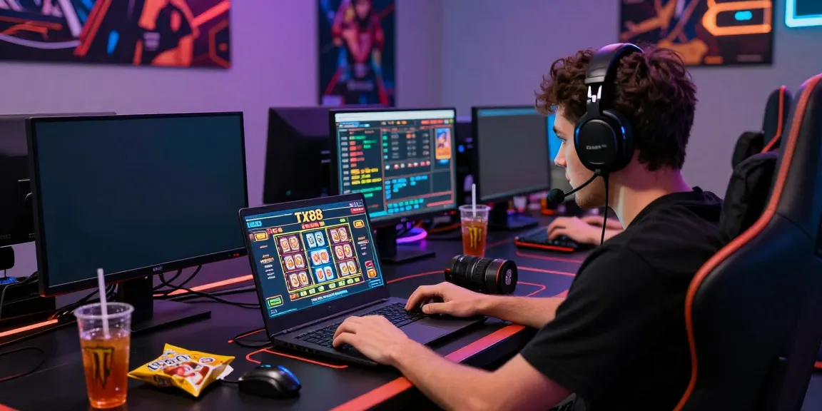 Engaged gamer at TX88 online gaming setup with vibrant LED lights and multiple screens showcasing immersive game experience.