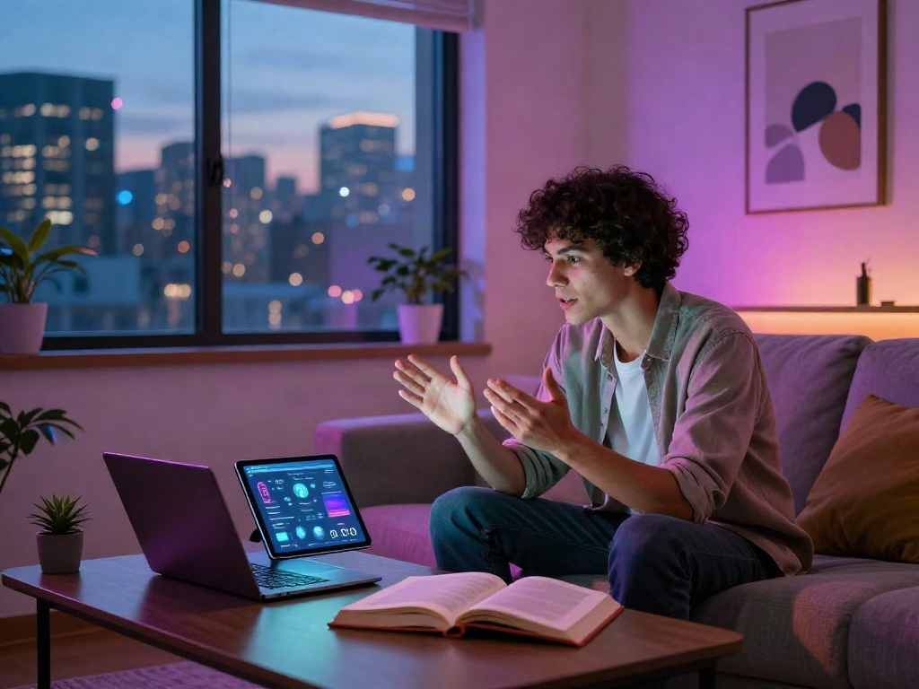 Engaging ai porn chat scene showcasing interactive AI conversation in a modern urban apartment.