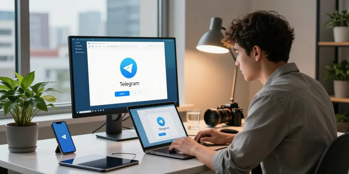 Explore the Telegram Download interface in a modern workspace setting, highlighting tech productivity.