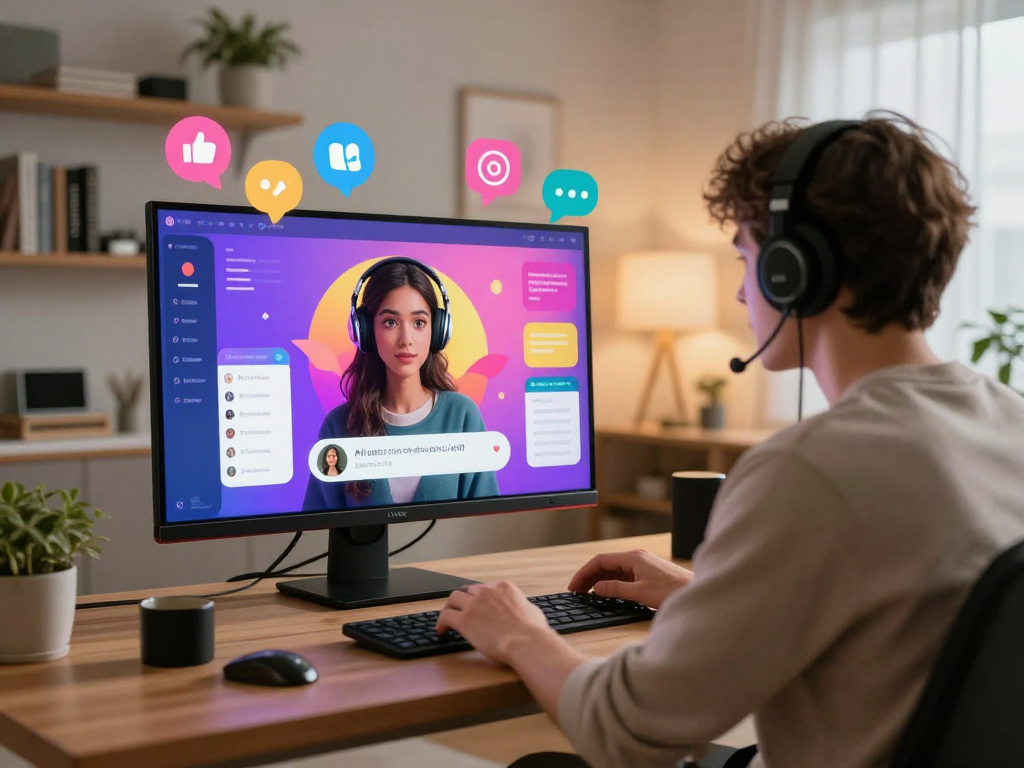 Interactive virtual chat experience with ai porn chat avatars in a cozy home office setting.