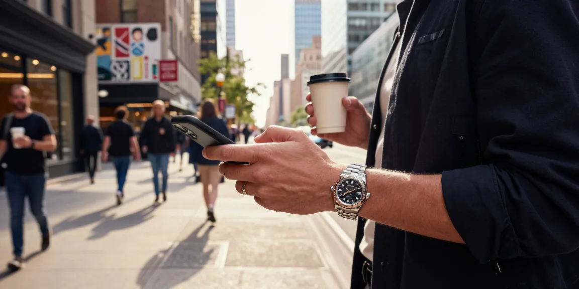 Stylish individual wearing rolex super clone watches while exploring urban cityscape