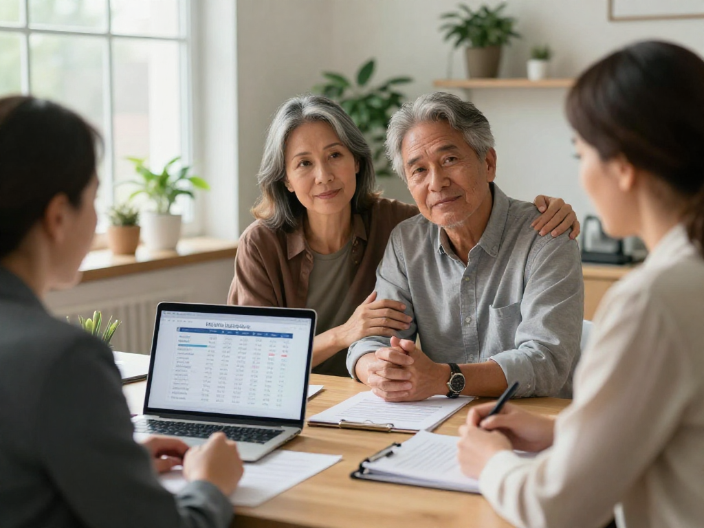 Couple consulting about debt consolidation options with a financial advisor in a bright, welcoming office.