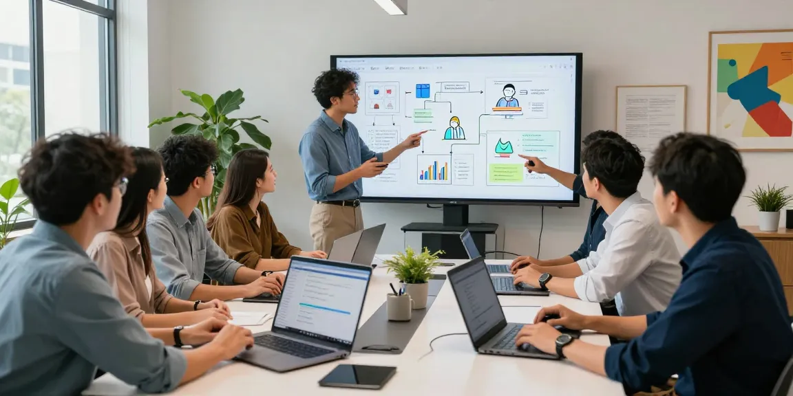 Collaborative tech team discussing AI agents in a modern workspace setting.