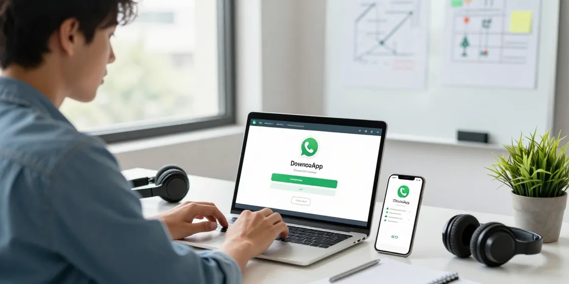 Downloading WhatsApp on a sleek laptop with professional workspace elements for WhatsApp下載.