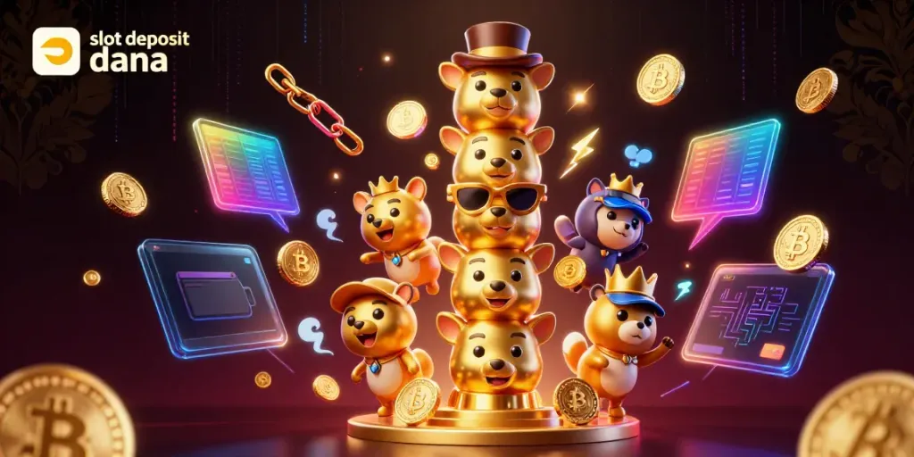 Experience the excitement of slot deposit dana with vibrant 3D characters and crypto elements, showcasing unique casino features.